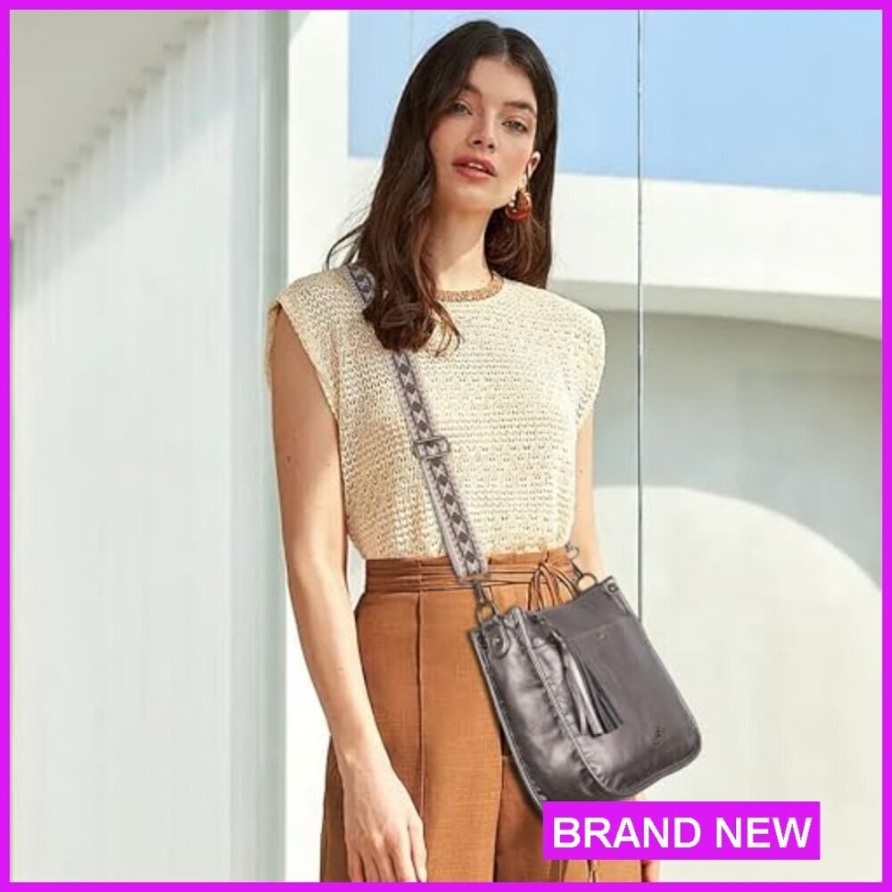 Vegan Leather Hobo Crossbody Bag with Guitar Strap Adjustable Tassel Purse - Picture 2 of 7